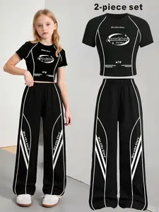 Girls' Clothing Set, Y2K Street Style, Letter Print Long Sleeve T-Shirt, Sporty Wide Leg Pants, Summer Outfits Set for Ages 10-12