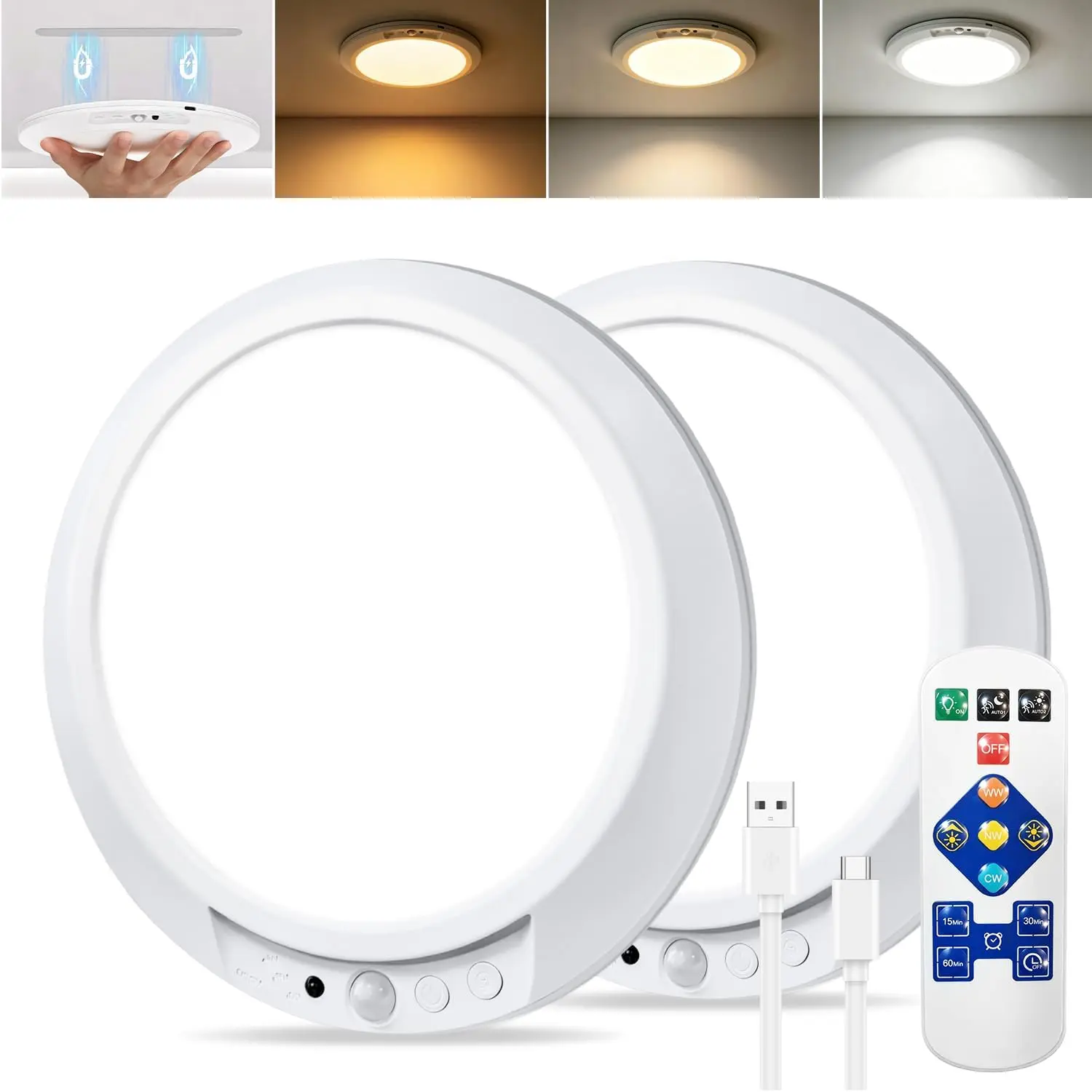 Rechargeable Motion Sensor Ceiling Light - Wireless LED Battery-Operated Flush Mount Lamp with Remote, 3-Color Dimmable, Wireless Connectivity Specialty & Decorative Lighting for Closet, Hallway, Ideal Moving Gift