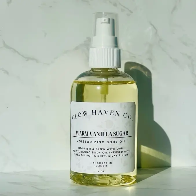 Glow Haven Co. Warm Vanilla Sugar Body Oil - Soft Vanilla Sugar Glow for Radiant Skin - 4 oz Moisturizing Formula Infused with Shea Oil Hydrating Daily