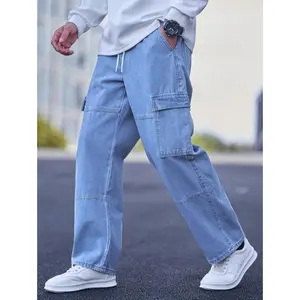 Men's Regular Fit Fashionable Work Pants, Solid Color Denim Jeans, Casual Stretchy Straight Leg Woven Bottoms, All - Seasons Baggy Streetwear Pants for Daily Wear