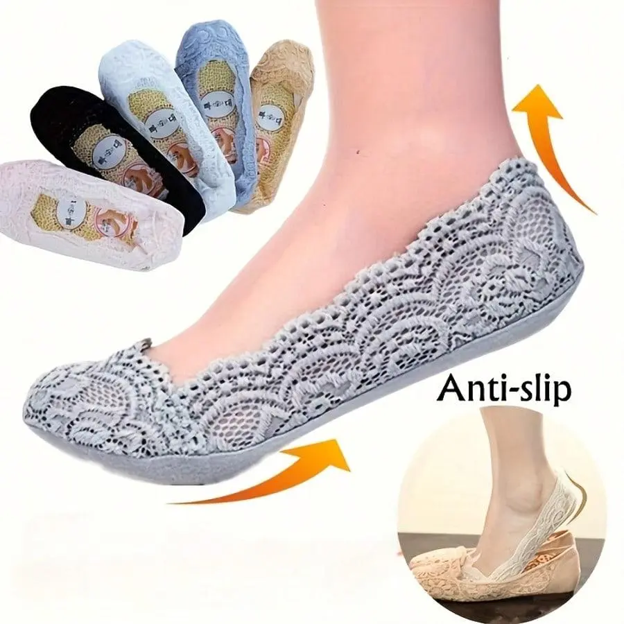 5 Pairs Of high heels special fashion lace invisible boat socks anti slip design comfortable casual style perfect for daily wear and dress shoes