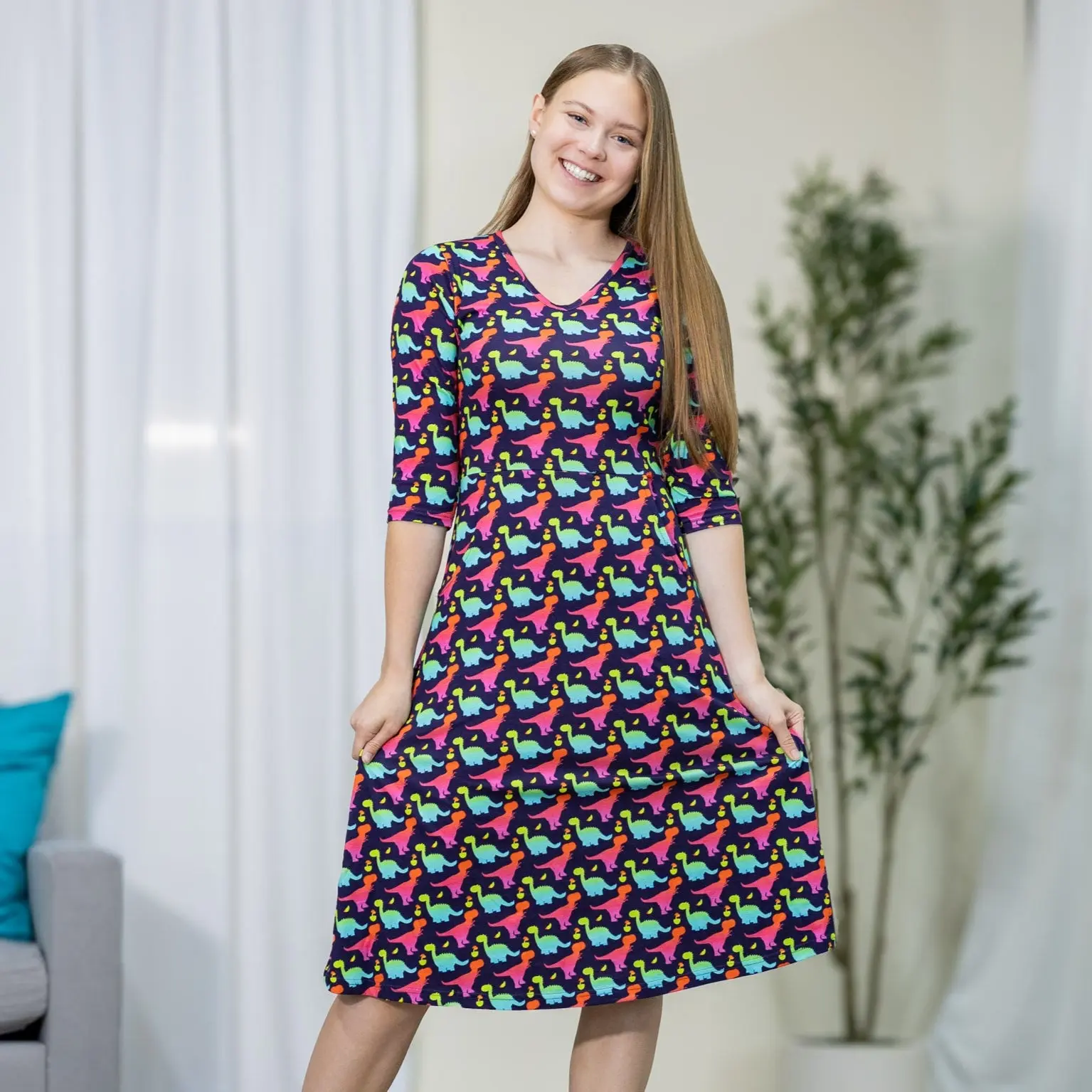 Colorful Dinosaurs A-Line Midi Dress with Pockets