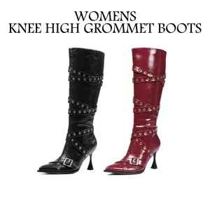 Womens Knee High Boots Pointed Toe Stiletto Heels Belt Buckle Strap Pointy Silver Eyelets Motorcycle Bootie Fashionable Side Zipper Comfy Party Outing Clubbing Casual Winter Riding Boot