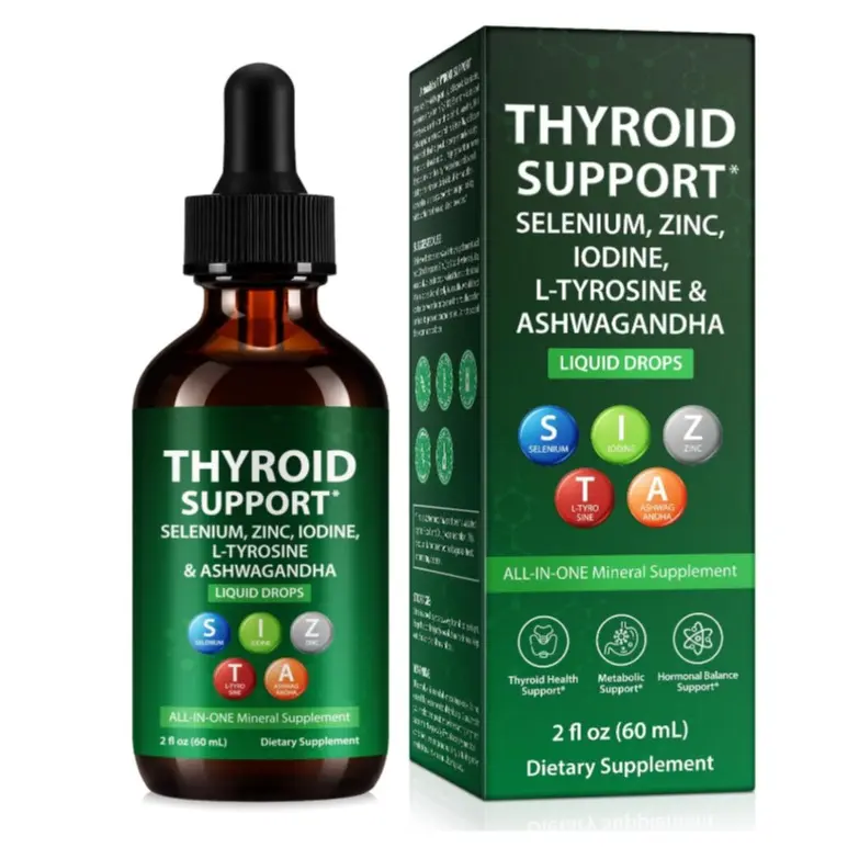 Thyroid Support Liquid Drops, High Absorption with Iodine, Selenium, Zinc, Ashwagandha & L-Tyrosine, Natural Ingredients, Vegan Non-GMO for Men & Women, 2 Fl Oz