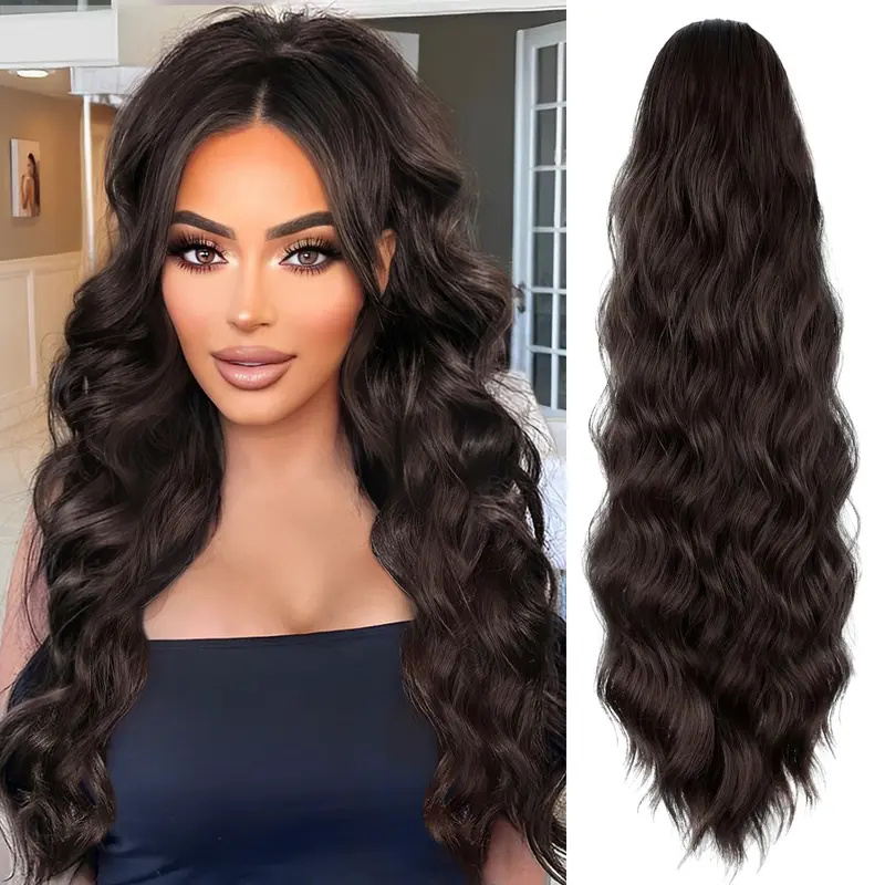 MAQUIUAGE Women's 26-Inch Fluffy Body Wave Drawstring Ponytail Extension, Dark Brown Clip-In Synthetic Piece for Daily Hairstyles, Women's Fashion Hair Extensions Clip In