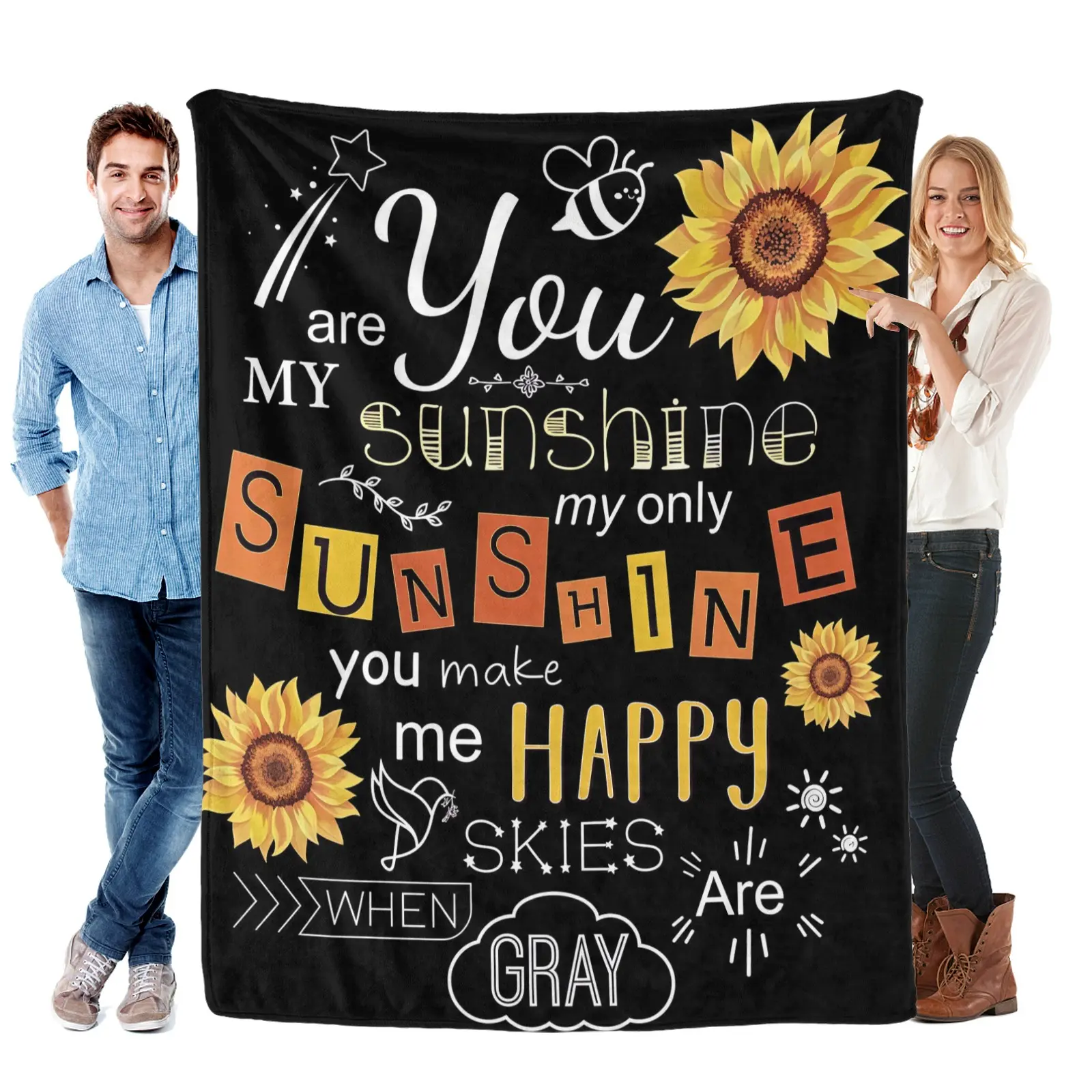 You Are My Sunshine Flannel Blanket Soft Cozy Gift Throw with Cheerful Sunflower Design Heartwarming Quote Perfect for Gifting Snuggling Warmly or Adding Bright Positive Charm to Any Space, Soft Flannel