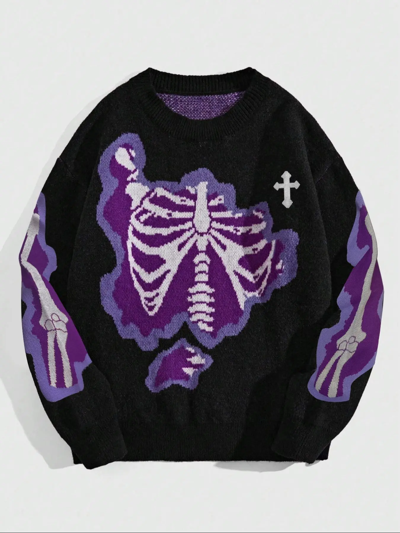 Men's Halloween Themed Skeleton & Cross Print Drop Shoulder Sweater, Regular Fit Casual Long Sleeve Round Neck Jumper for Fall & Winter, Fashion Men's Knitwear for Daily Wear