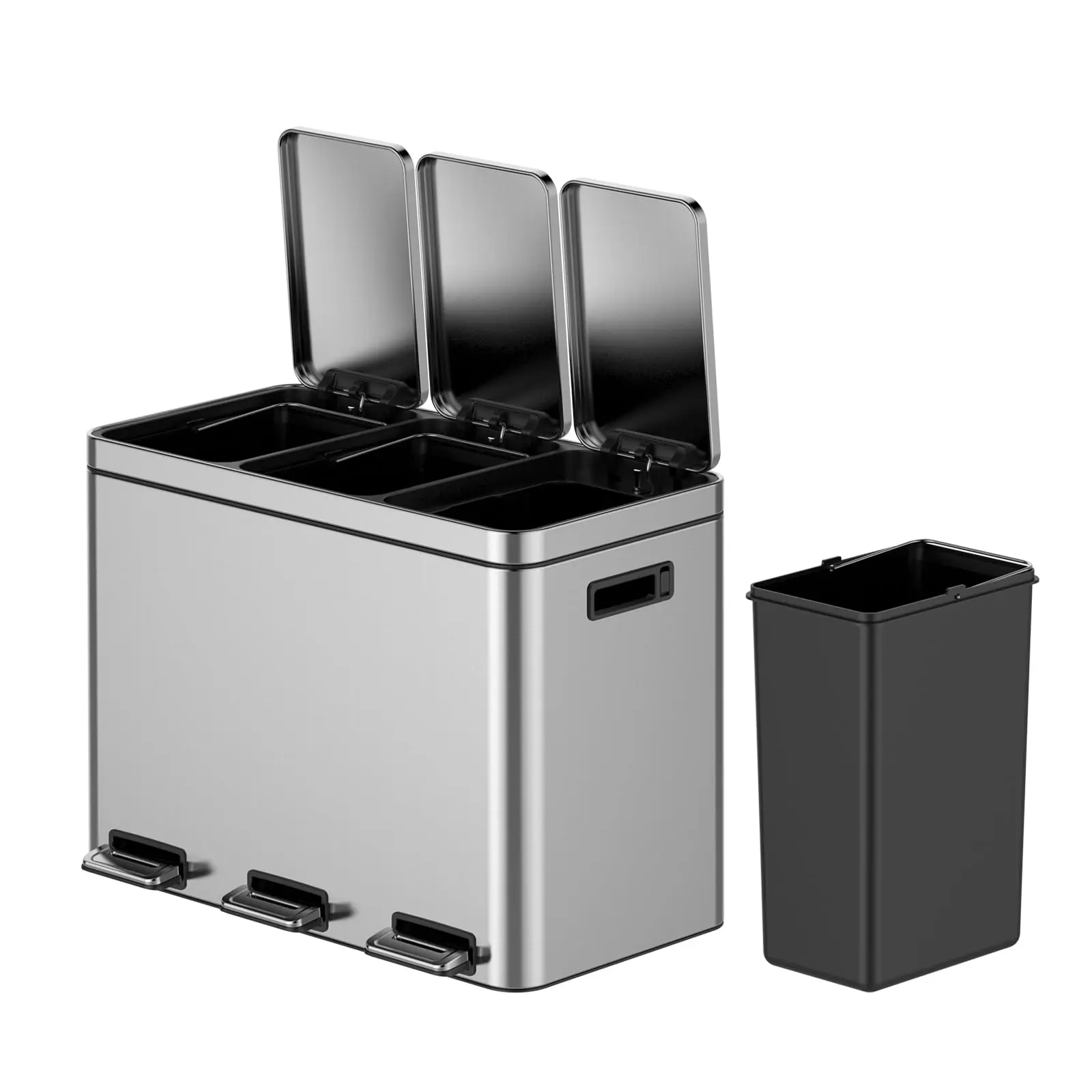 【GARVEE】12-Gallon Stainless Steel Recycling Trash Can with 3 Compartments, Soft-Close Lid, Dual Waste Bins for Kitchen or Office, Fingerprint-Proof, 45L Capacity (15+15+15L)