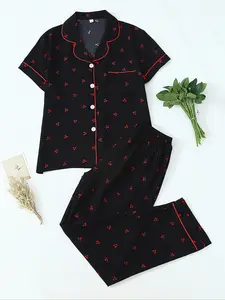 Women's Two-Piece Pajama Set, Contrast Binding Lapel Pocket Heart Embroidery Short Sleeve Top & Bow Pants Sleepwear for Home Use Loungewear