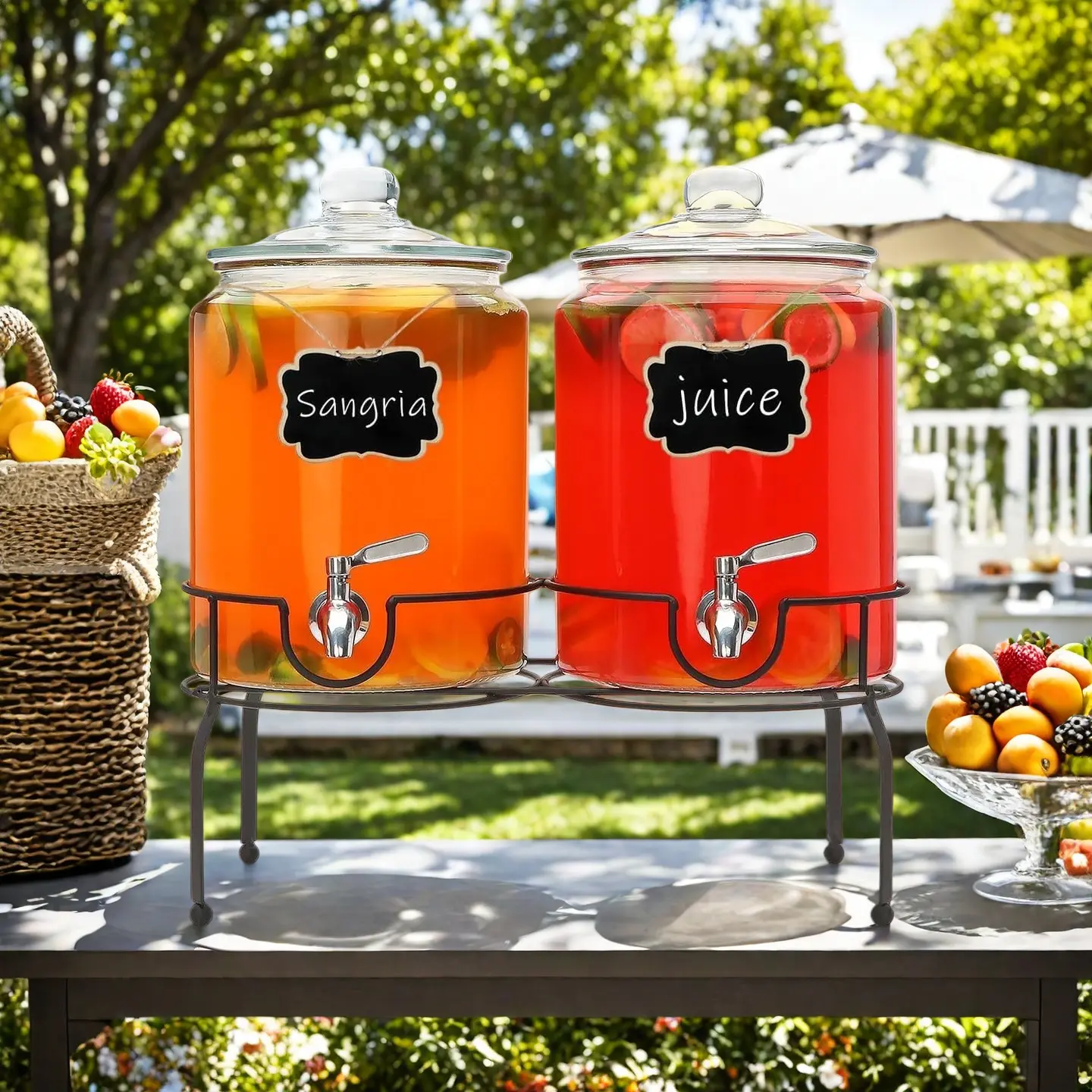 A set of 2 glass beverage dispensers, suitable for parties; Halloween beverage dispensers with bases; tabletop glass water dispensers for weddings; tea caddies; lemonade and laundry detergent dispensers, available in 1-gallon and 1.5-gallon sizes.