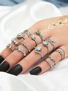 15-Piece Y2K Style Artificial Gemstone Water Drop Joint Rings Set, Shiny Women's Jewelry, Heart Design Elements, Daily Wear Accessories