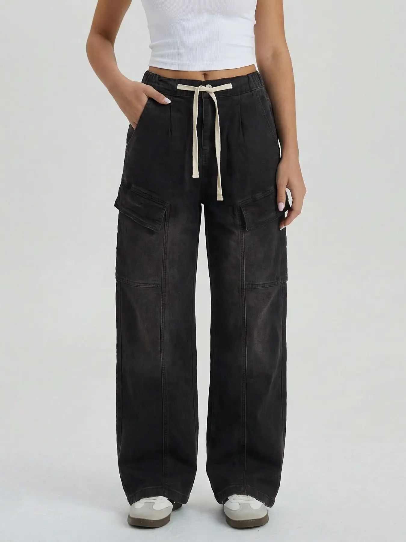 Women's Vintage Mid-Rise Drawstring Waist Multi-Pocket Wide Leg Jeans, Versatile Cargo Pocket Women's Bottom, Street Womenswear