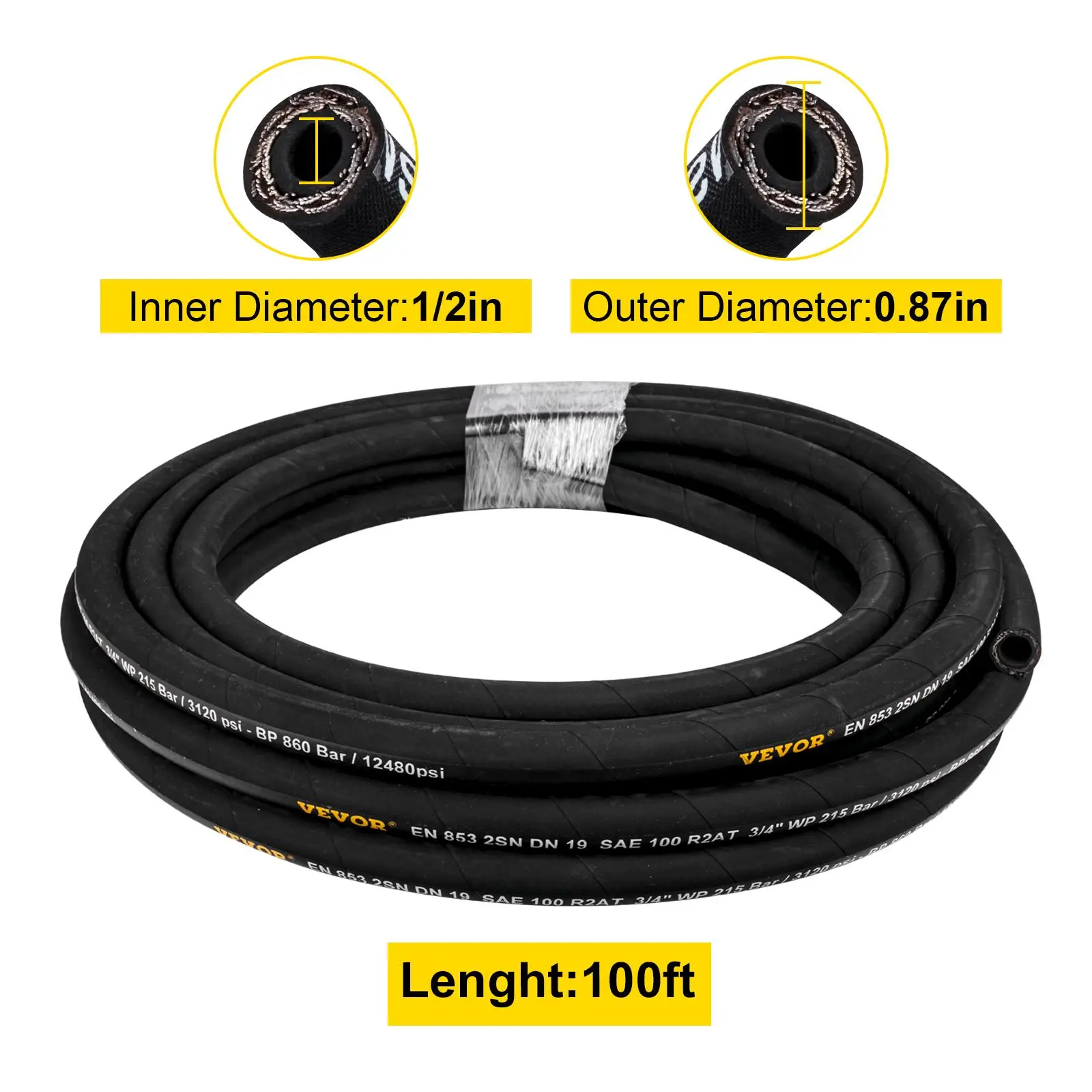 【summerfinds】VEVOR Hydraulic Hose 1/2 inch x 100 ft, Coiled Hydraulic Hose 4000 PSI, Rubber Hydraulic Hose with 2 High-Tensile Steel Wire Braid, Bulk Hydraulic Hose -20℃ to 140℃, Hydraulic Oil Flexible Hose