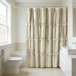 Ruffled Fringe Shower Curtain, 72x72 Inch Polyester Fiber, Artistic Patchwork Design, with Eyelets for Hanging, Bathroom Decor, Bathroom Accessory, Home Goods