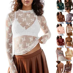 SCUSTY Women's Lace Mesh Tops Long Sleeve Floral Lace Blouse Sheer Mesh Mock Neck Layering Top  with Cowl Neckline & Floral Embroidery for Stylish Layering