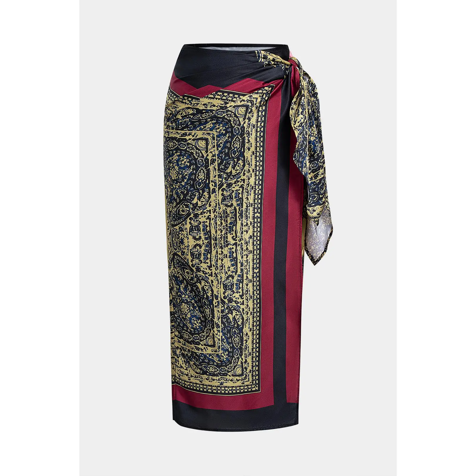 Women's Printed Fitted Cut Twill-Polyester Blend Wrap Skirt - Lady's Clothes with Tie-Up, No-Stretch Fabric for Party, Vacation