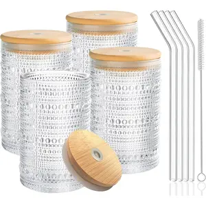 Hobnail Drinking Glasses with   and Glass Straw 4 count Set - 14oz  Glass Cups, Water Glasses, Iced Coffee Glasses, Cute Tumbler Cup, Ideal for , ,  - Cleaning Brushes