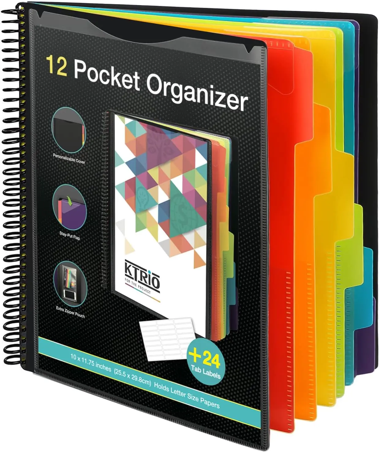 12-Pocket Zipper Flexible Project Organizer Binder – Letter-Size Spiral Folder with Dividers, Zip Pouch, Water-Resistant Multi-Pocket File for School, Office, Zipper Binder, Flexible Binder