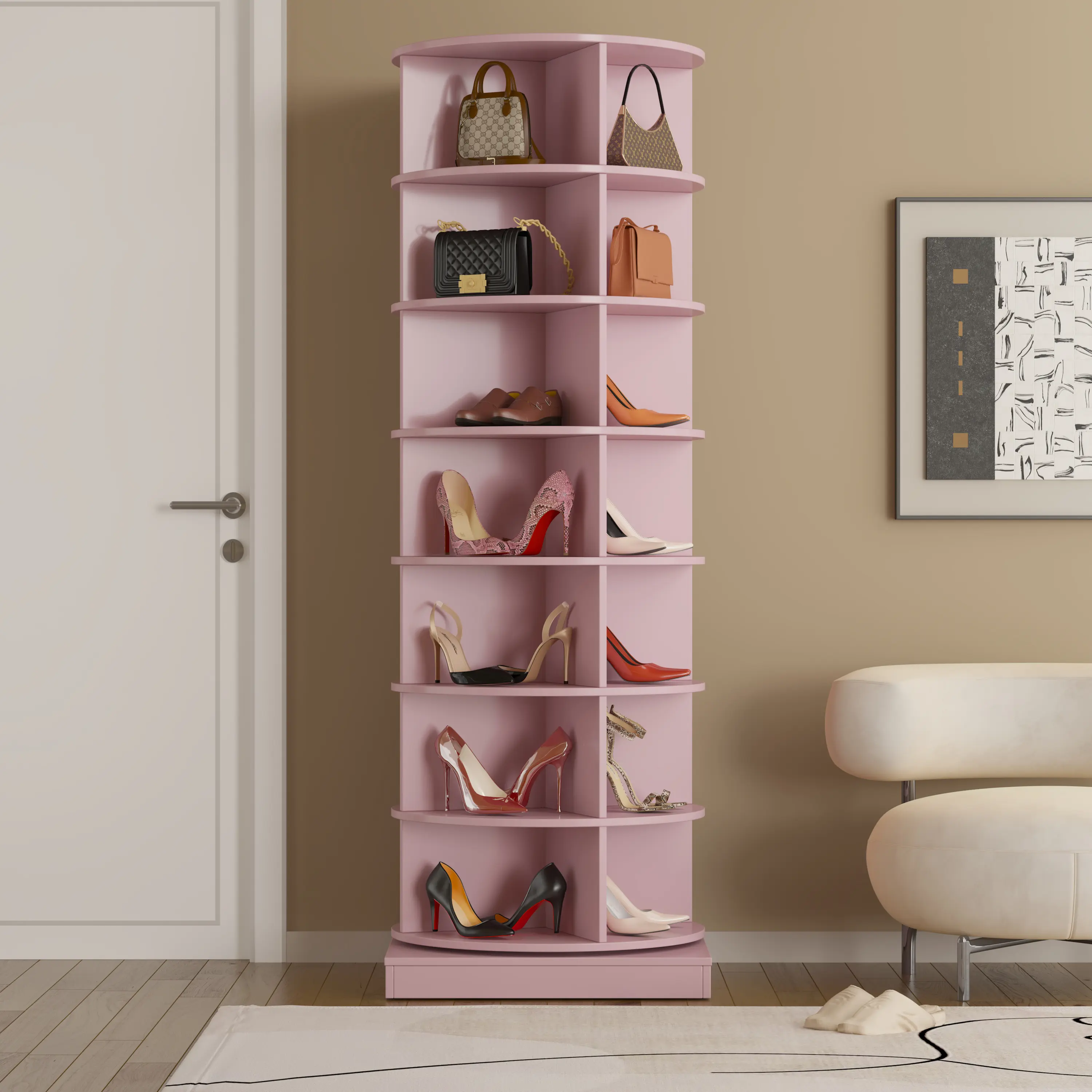 7-Tier Rotating Shoe Rack,360° Spinning Shoe Rack Tower,Free Standing Rotating Vertical Shoe Rack Hold Over 28 Pairs,Revolving Shoe Storage Organizer Shoe Rack for Living Room Hallway (7-Tier,Pink) Furniture Home