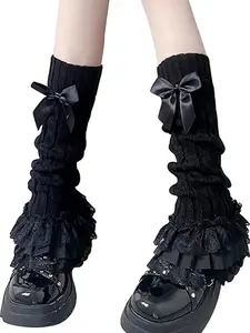 Women's Knit Cute Elegant Leg Warmers Y2K Bow Lace Trim Knee High Leg Sleeve Socks for Lolita Costume Party Accessory