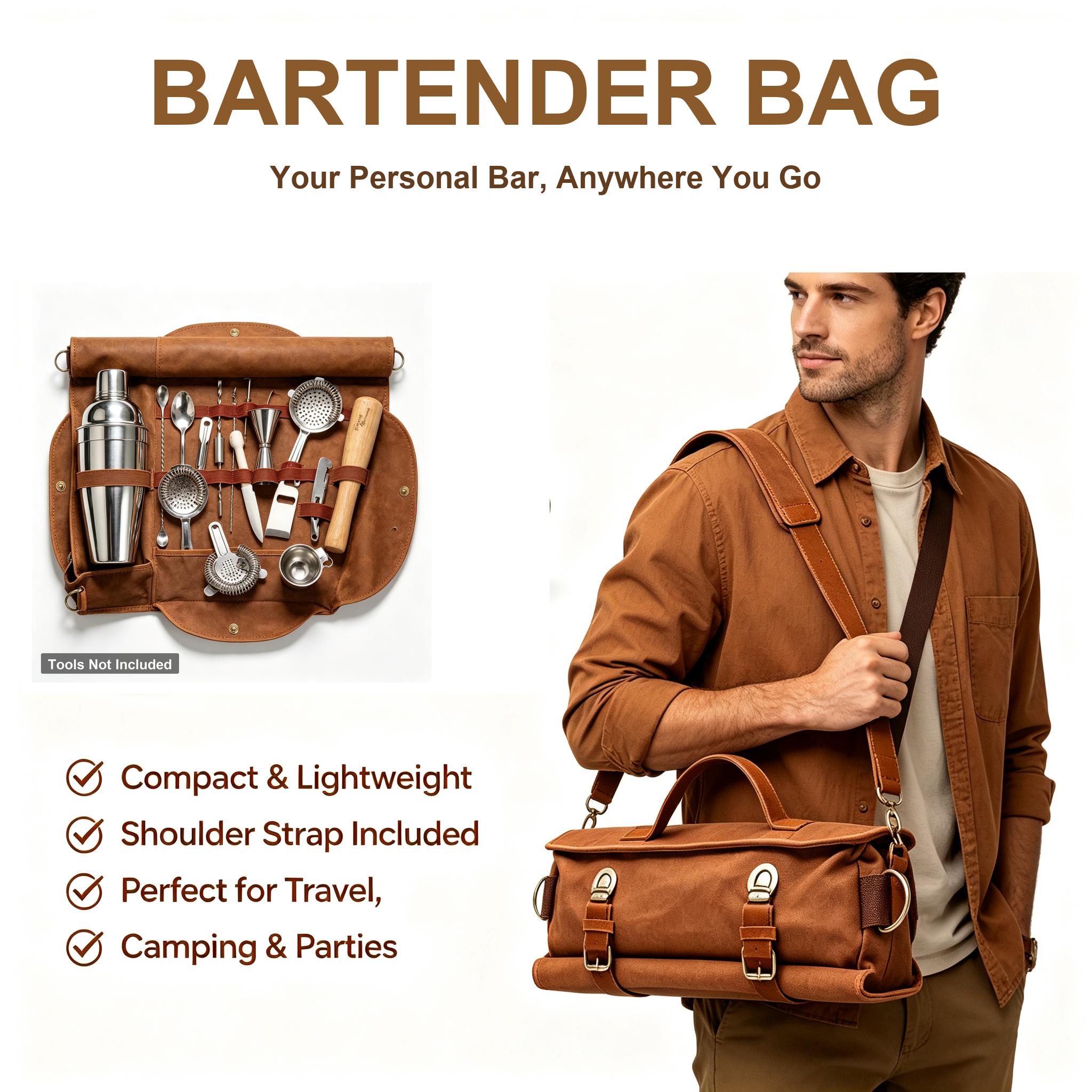 Practical Compact Outdoor Travel Bartender Roll Bag, Portable Canvas Bar Tool Organizer with Shoulder Strap for Camping, Home Bar Use (Tools Not Included)