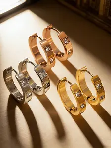 Elegant 18k Gold Plated Hoop Earrings, Modern Rectangular Design with Sparkling Crystal Decorations and Zircon Embellishments, Perfect for Office Fashion