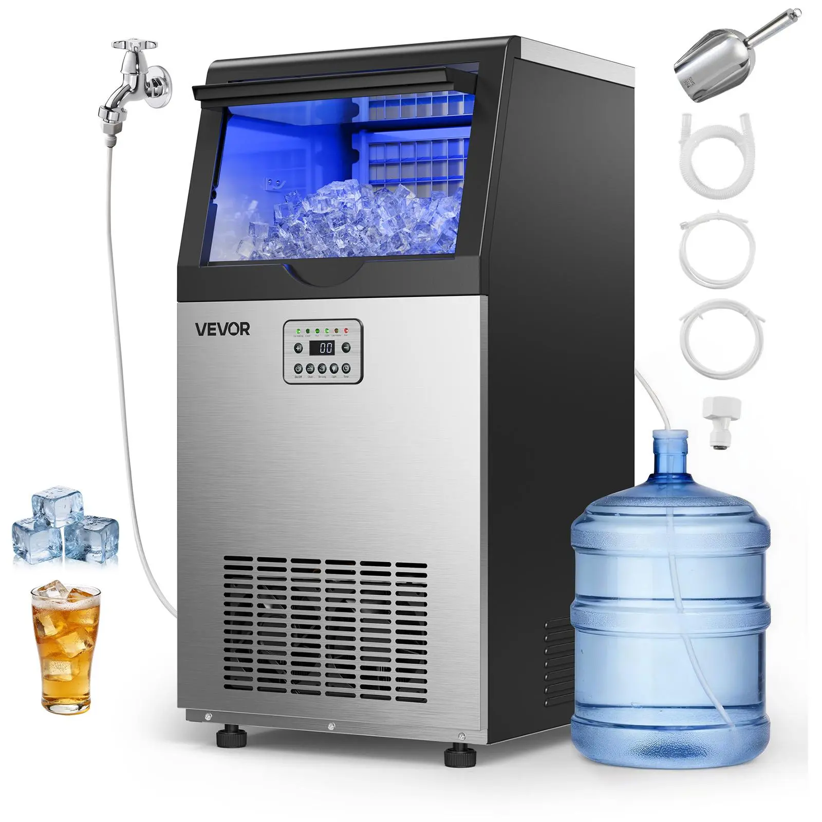 【Summerfinds】VEVOR Commercial Ice Maker Machine, 120 lbs/24h with 30 lbs Storage Capacity, Built-in/Freestanding/Under Counter, Stainless Steel Ice Maker with LED Display & Self-Cleaning, for Home Bar Restaurant, Outstanding Insulation Performance, Large,