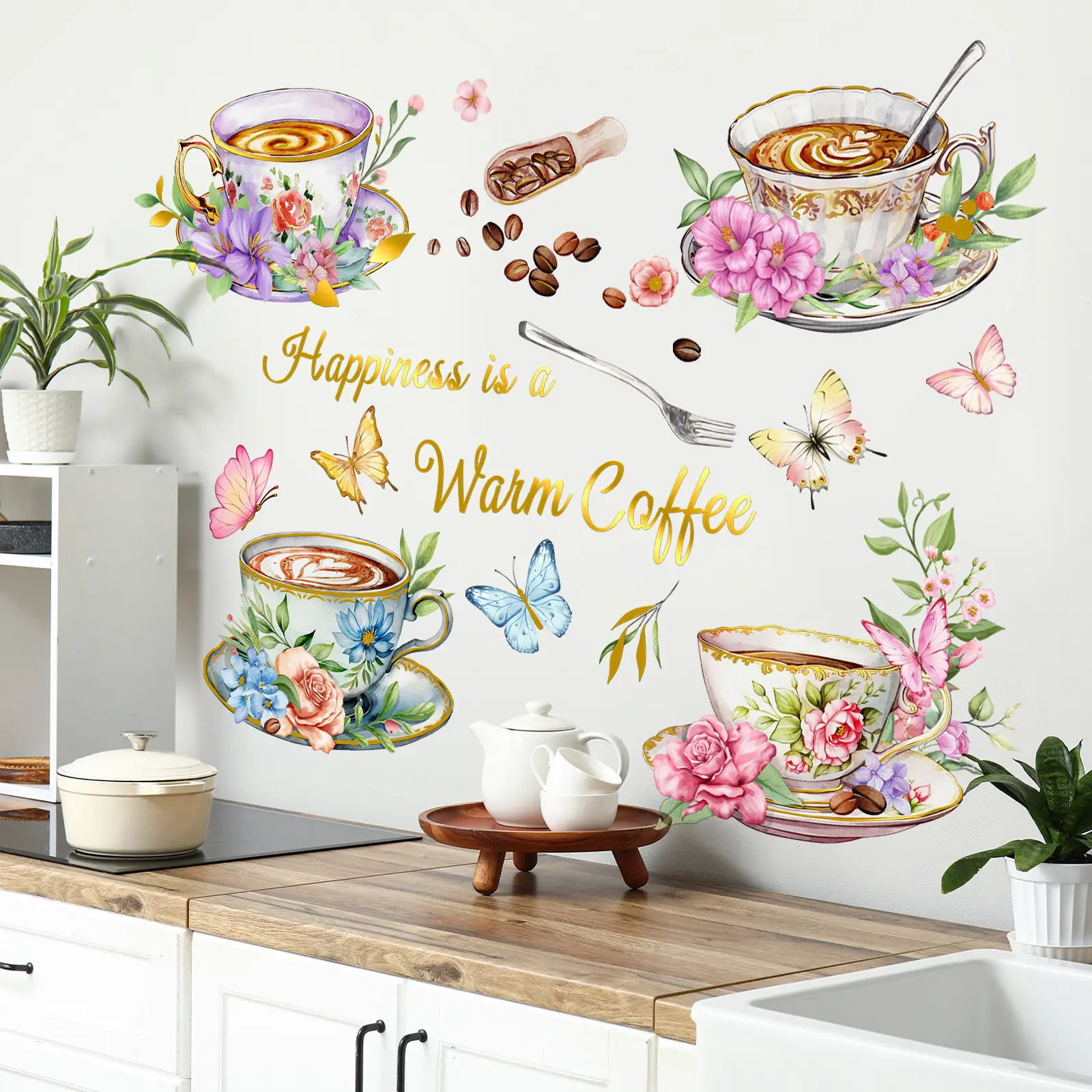 A set (30*30cm*4pcs) of new-style gold stamping craft gold-rimmed coffee cup, flower, butterfly and English art flat Decorative DIY Stickers wall stickers for decorating and beautifying the background of kitchens, restaurants and cafes, TJ11061