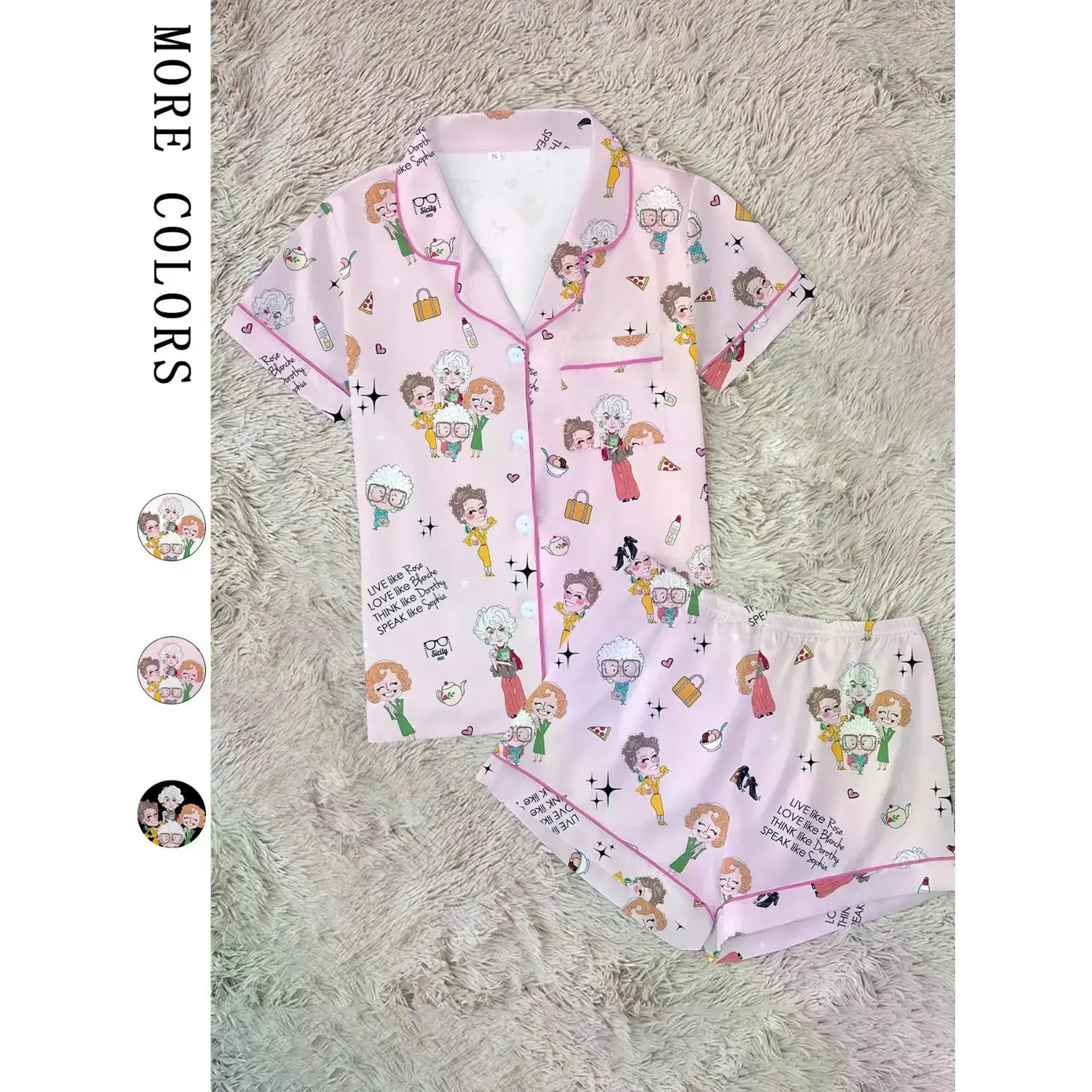 Golden Girls Theme Print Collared Pajama Set - Classic Short Sleeve Shirt & Shorts, Casual Chic Loungewear, Lightweight Polyester Sleepwear, All-Season Comfort, Perfect Party Gift Pajamas