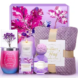 Valentine's Day Gift Basket for Women – Birthday, Self-Care, and Get Well Soon Gifts – Purple Relaxing Spa Care Package with Luxury Flannel Blanket – Unique Mother Day Gifts for Mom, Her, Sister, Wife, Girlfriend – Romantic Party Gifts Winter Comfort