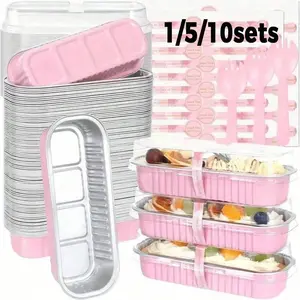 Mini Toast Molds Set with Lid and Spoon, Aluminum Foil Rectangular Baking Cups, 6.8 Oz, Portable Lightweight Party Dessert Supplies Containers