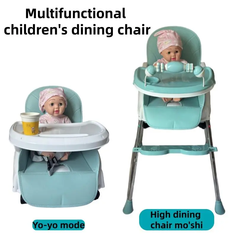 Highly Adjustable Green High Chair (Convertible to Walker), featuring a detachable double-layer tray, a safety harness, and an easy-to-clean PU seat cushion.this seat is equipped with lockable wheels, allowing for safe and easy movement between rooms. out