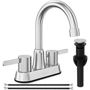Bathroom Faucets, Bathroom Faucet 3 Hole, Bathroom Sink Faucet, Faucet for Sink 4 Inch 2 Handle Centerset, , with Copper Pop Up Drain (Brushed Nickel)