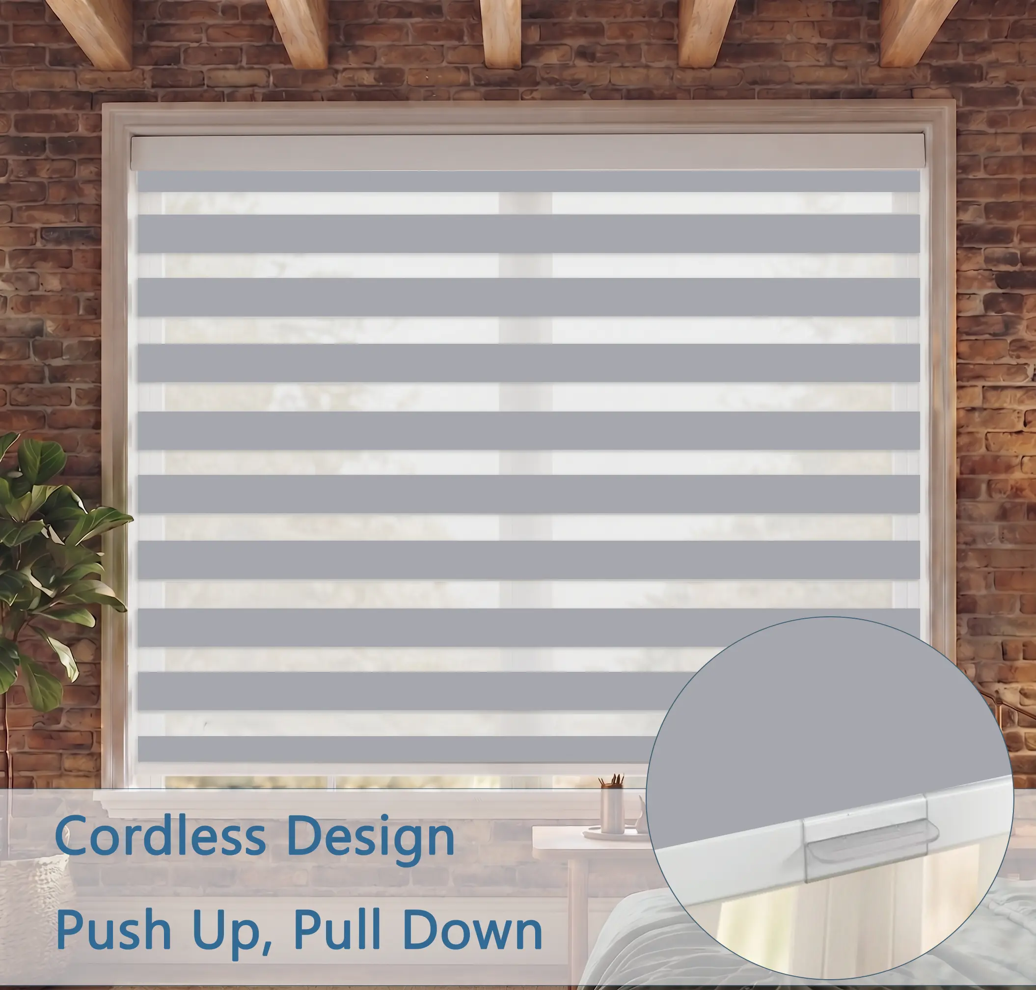 Cordless Zebra Pattern Blinds for Indoor Windows, 20"-92" Wide, Up to 72" Height (Adjustable), Striped Dual-Layer Light Filtering Grey, Kid-Safe, Modern Home Decor Accessory