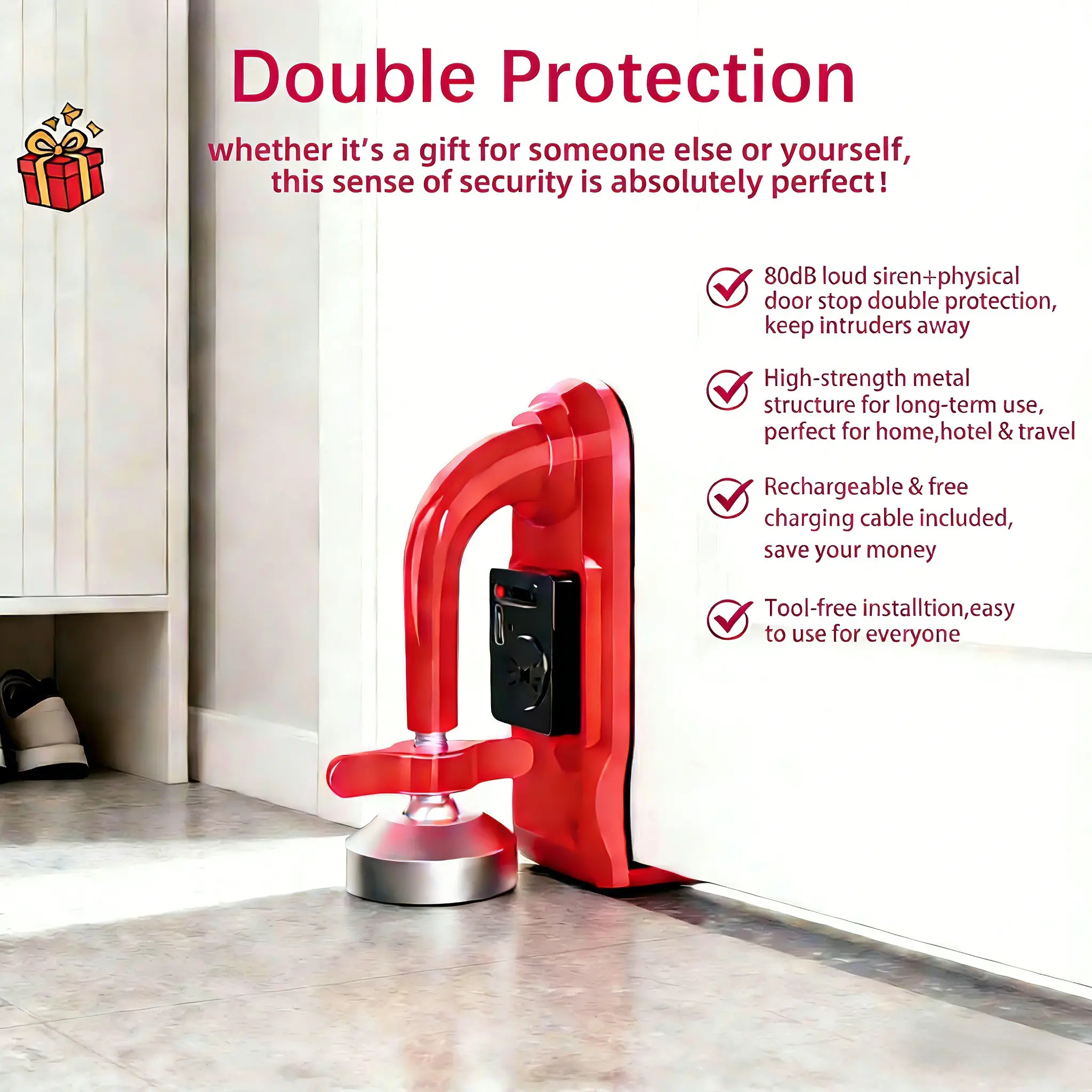 Portable Door Stopper Alarm with 80Db Siren, Dual Protection, Door Slam Stopper, Anti-Theft Universal Fit Security Wedge, High-Strength Metal, Free Charging Cable, Easy Installation, Guard for Peace of Mind at Home, Hotel, Travel