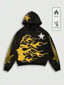 Men's Street Style Hooded Drawstring Long Sleeve Casual Creative Portrait Print Sweatshirt, Fall Winter Fashion, Graphic Hoodies, Hooded Sweatshirts, Loose Hooded Sweatshirt