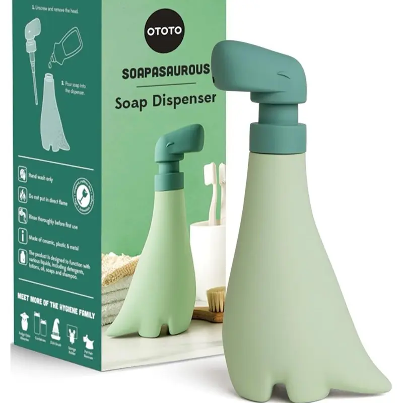 OTOTO Soapasaurous Dino Hand Soap Dispenser - Cute 9oz Reusable Kitchen and Bathroom Accessory with Dinosaur Design for Kids' Gifts - Set