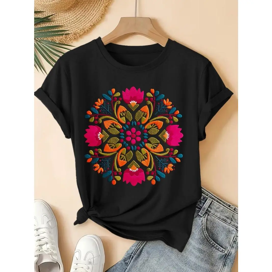 Colorful Floral Mandala Graphic Tee For Women Cute Casual Short Sleeve Crewneck Soft Stretch T Shirt Trendy Summer Outfit Everyday Streetwear