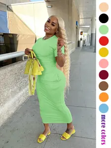 2026Women's Elastic Plain Midi Dress Womenswear, Breathable Short Sleeve Fitted Long Skirt, Casual Party Travel Everyday Wear, Summer Fashion