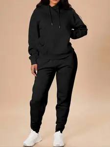 Women's 2-Piece Plain Hoodie & Sweatpants Set, Fall Winter Fashion, Casual Loose-Fitting, Regular Length, Drawstring Design