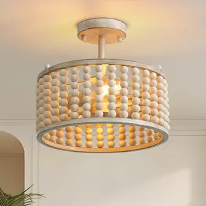 Bohemia Wood Beaded Flush Mount Ceiling Light Antique Rustic Mini Chandelier Wood Finishing for Bedroom,Nursery Room, Girl Room, Hallway, Entryway, Passway, Dining Room, 2-Light outdoorfun