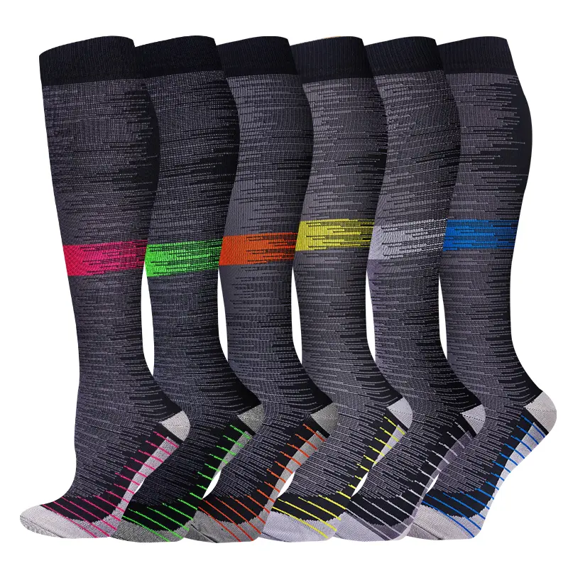 MhzyCaus Women's 6 Pairs Black Striped Compression Socks - 200-Needle Knitting, Smooth Fit, Comfortable Outfits, Anti-Slip Calf Support for Travel, Adventure