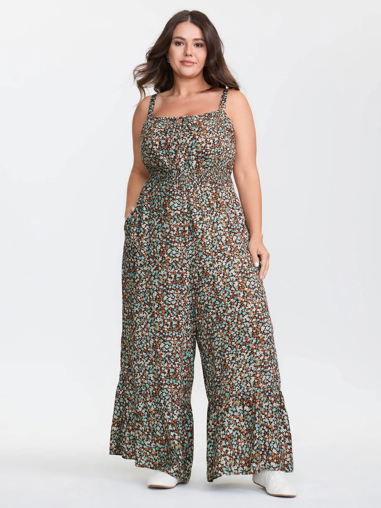 BLOOMCHIC Women's Plus Size Rayon Overalls - Supersoft Smooth, Micro-Floral Print, Ruffled, Fitted, Long Sleeve & Sleeveless Options, With Pocket, [M-6X], Casual, Curvy Confidence, Low Iron, Cold Wash, Do Not Tumble Dry, Full Length, Wash With Like Colors