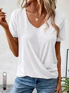 Women's Summer T-Shirt, Short Sleeve V-Neck Dolman Top, Side Shirring Design, Loose Fit Basic Casual Shirt for Women