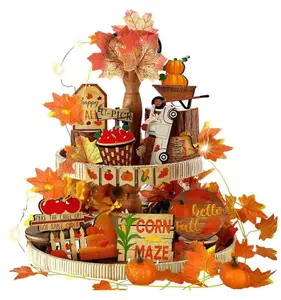 15 Pcs Fall Tiered Tray Decor Set Pumpkins Farmhouse Decor Autumn Maple Leaf Table Centerpieces Thanksgiving Harvest Wood Blocks Signs for Home Decor Wooden Gift