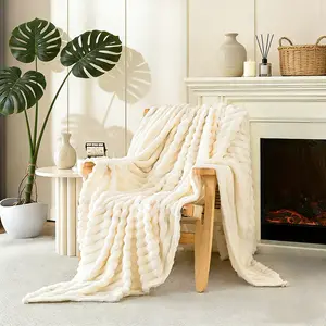 Fleece Throw Blanket for Couch & Sofa, 300GSM Soft Warm Fluffy Cream White Striped Blanket, Lightweight Cozy Chic Blanket, Decorative & Giftable for Women & Men, Decorative Giftable Blankets