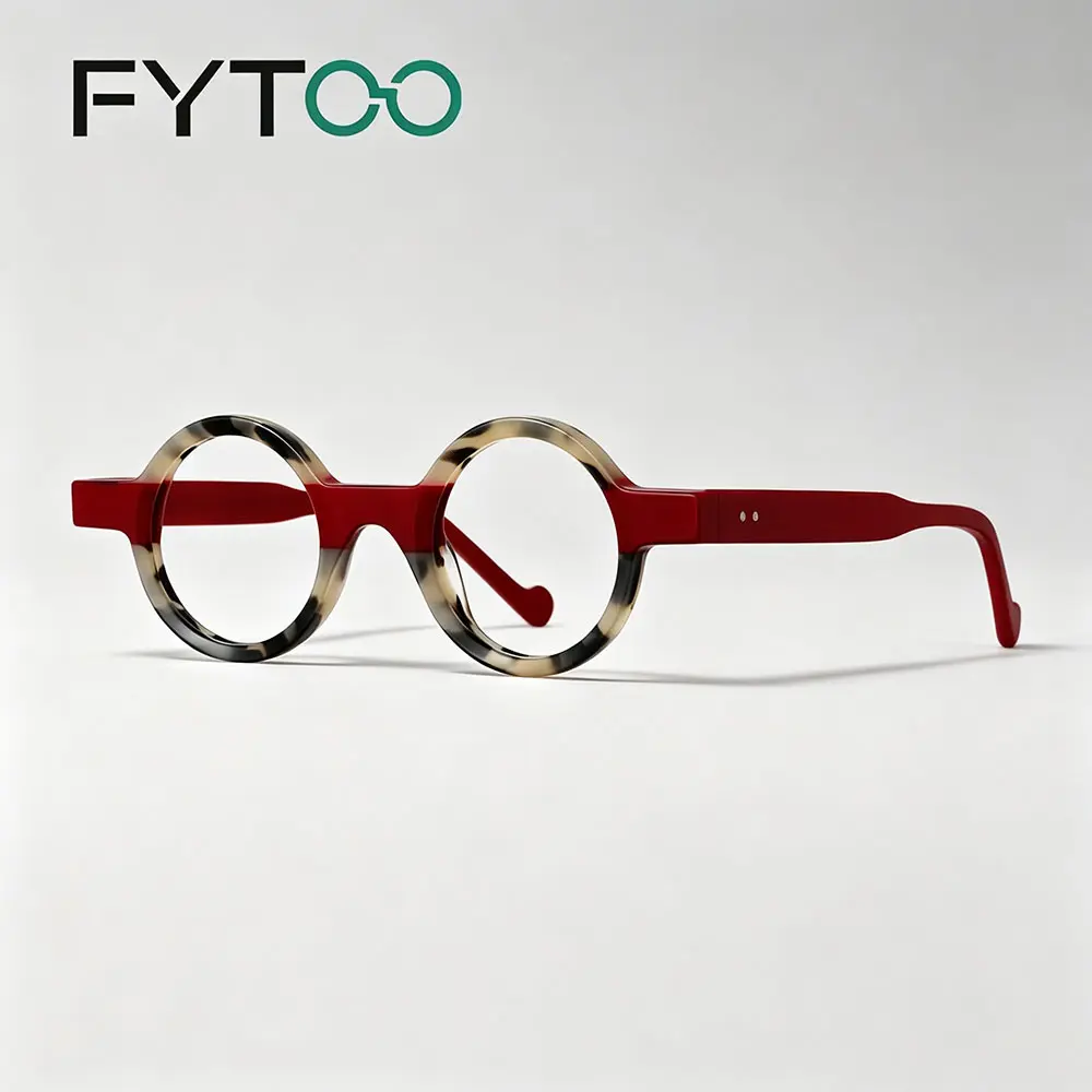 FYTOO Unisex Polycarbonate Eyeglasses - 2-Tone Red Tortoiseshell, Round Full Rim Acetate, Vintage Small-Size Casual Statement Frames for Women with Replaceable Lenses 182191-04