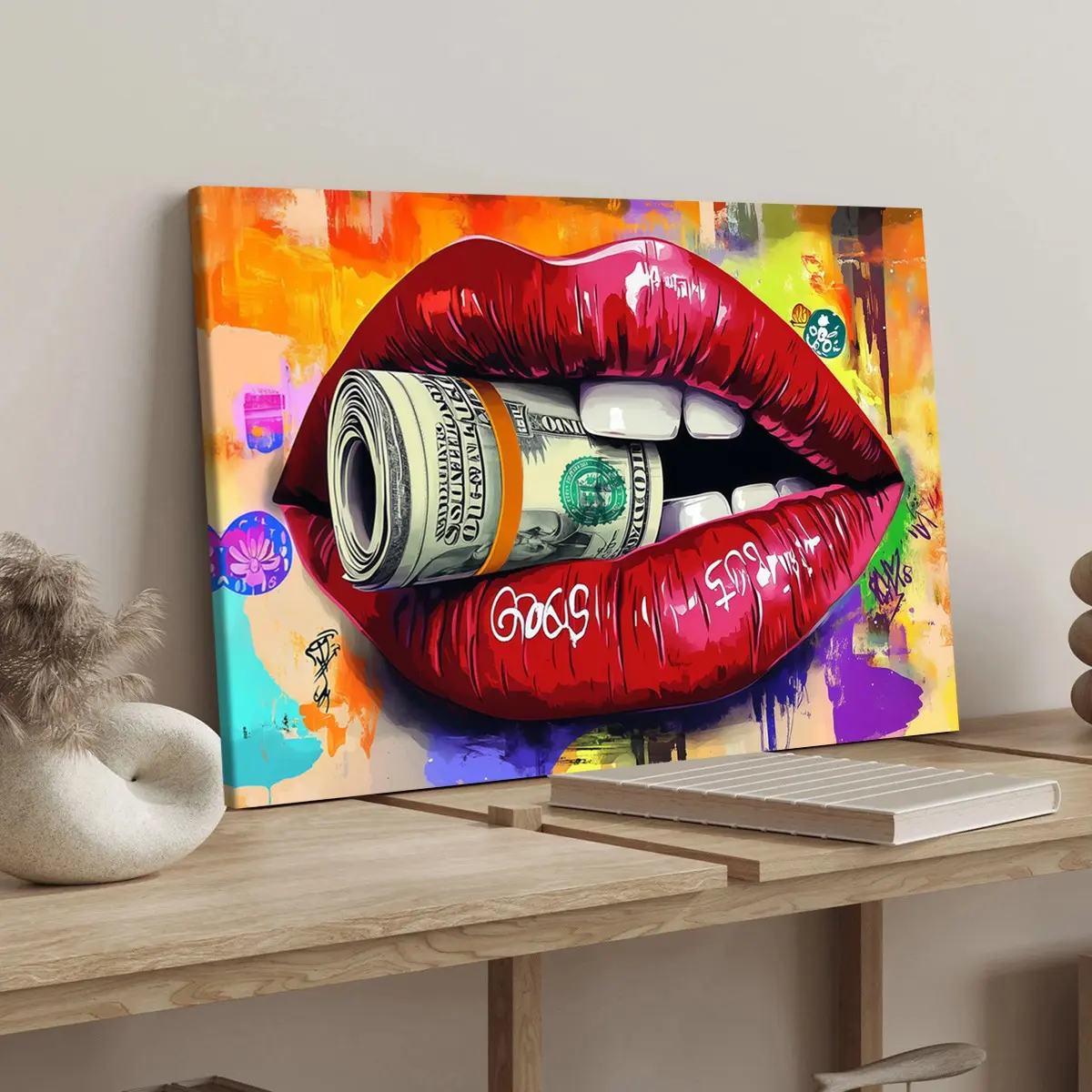 1 Count wood frame canvas, Graffiti sexy red lip dollar poster, bedroom mural, modern art decoration, suitable for corridor wall decoration, ideal gift, Wooden Hanging Wall Art, Modern Home Decor, Artistic, waterproof, print, Aesthetic Wall Decor