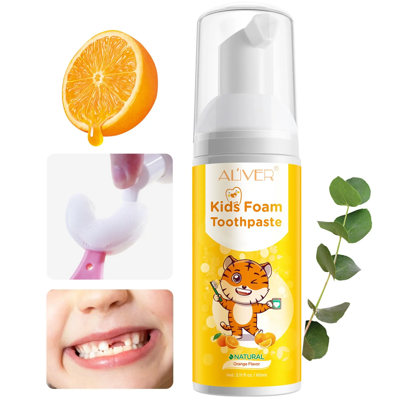Aliver Kids Teeth Cleansing Mousse (Natural Orange Flavor) Foaming Dental Care Toothpaste for Kids, Kids Oral Hygiene, Oral Hygiene Essentials: Fluoride, anti-cavity, cleans teeth, freshens breath, foam texture, oral health care. 60ml/tube