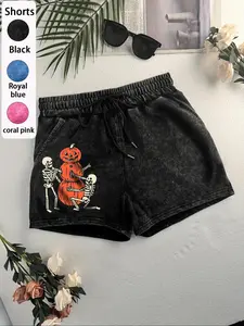 Women's Halloween Themed Shorts, Casual Comfy Skeleton Print Shorts for Daily Wear, Ladies Bottoms for Summer, Casual Street Shorts